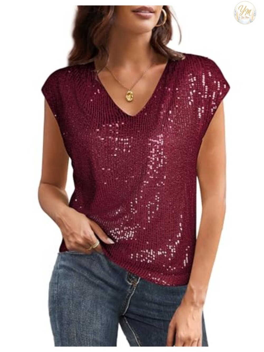 Sparkly Sequin V Neck Glitter Party Top Cap Sleeve Blouse